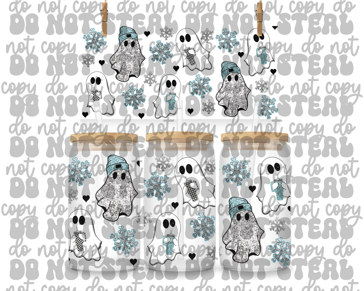 Blue Christmas Ghosts 16oz UV DTF Cup Wrap